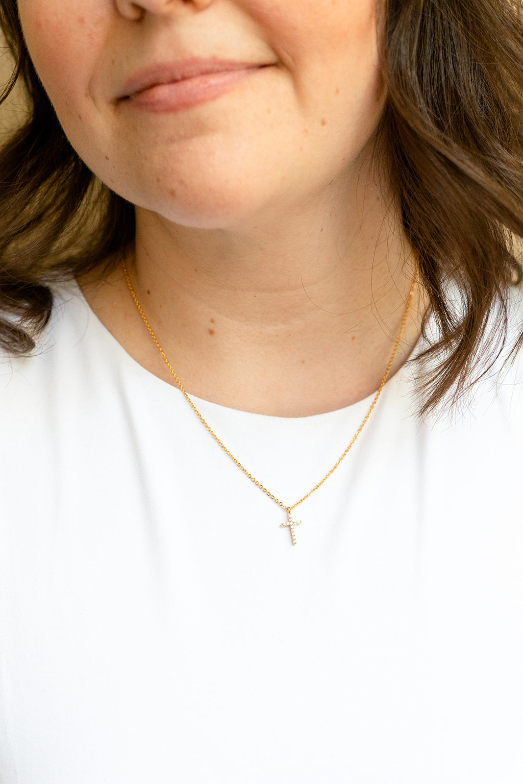 Classic Cross Charm Necklace with CZ Stones – 14k Gold Over Sterling Silver Jewelry