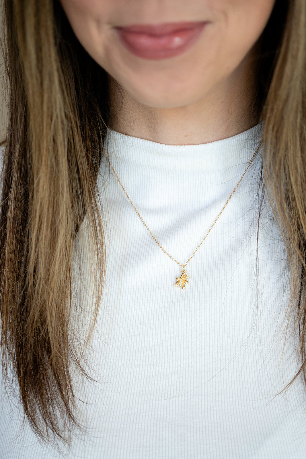 14k Gold Gingerbread Man Cubic Zirconia Charm Necklace Christmas