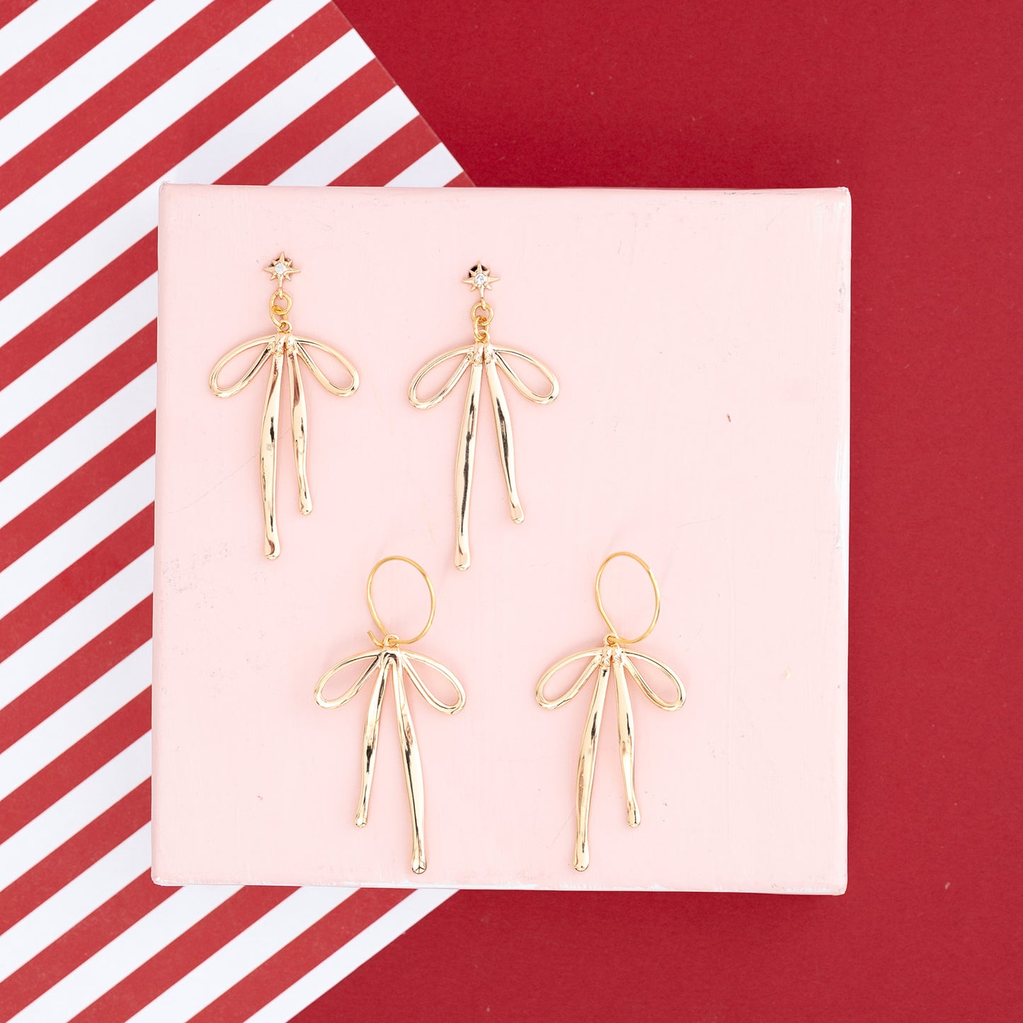 Gold Bow Cubic Zirconia Star Ribbon Post Dangle Earring gift
