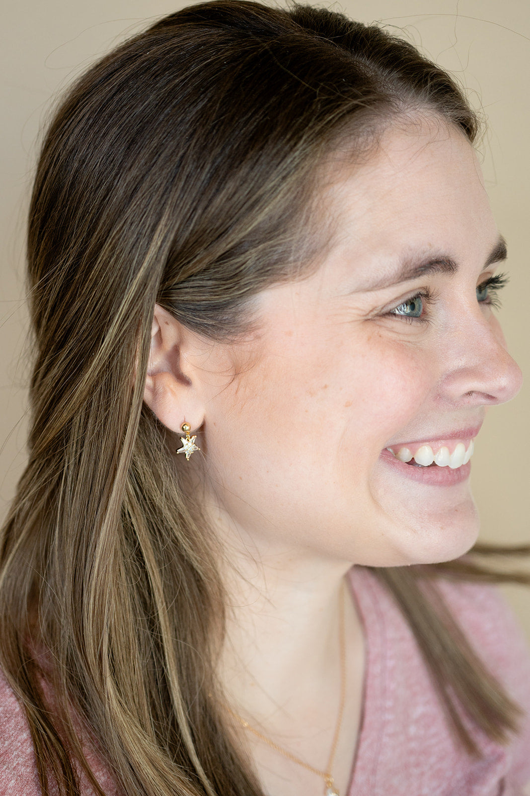 14K Gold North Star Cubic Zirconia Post Dangle Earring Celestial