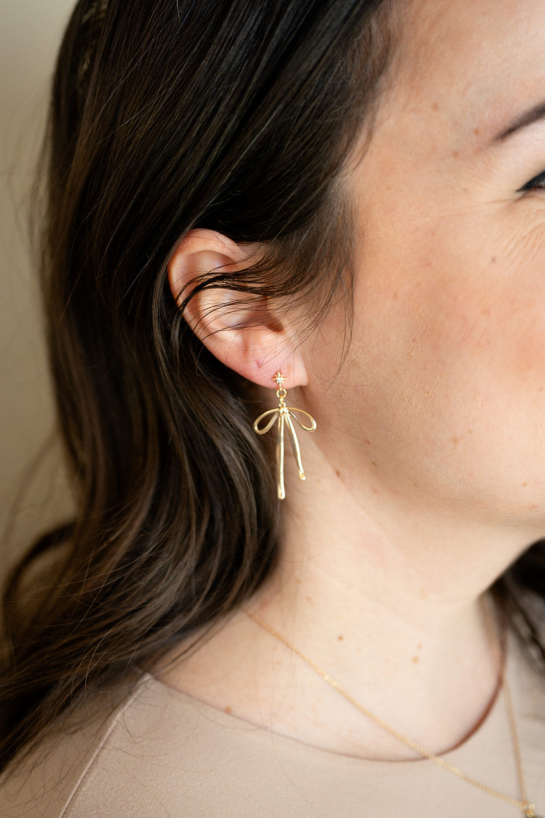 Gold Bow Cubic Zirconia Star Ribbon Post Dangle Earring gift