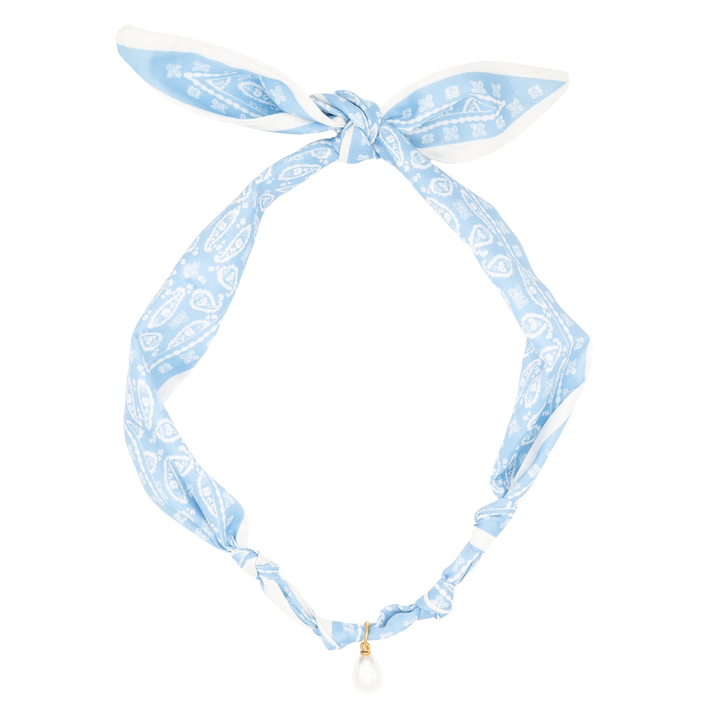 Blue Silk Bandana with Pearl Charm Necklace Western Floral