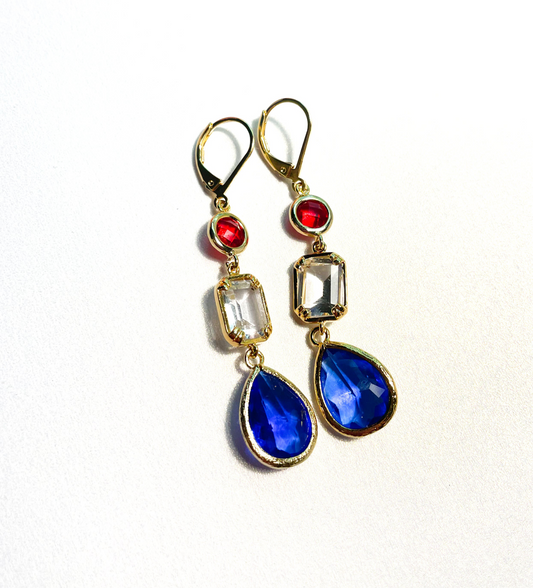 Limited 14k Gold Red, White & Blue Gemstone Earrings Hypoallergenic