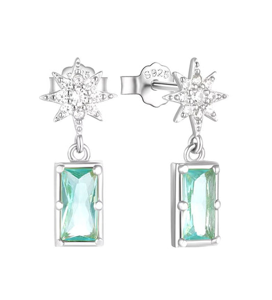 14k Gold or Sterling Silver Aquamarine Star Dangle Post Earring Gemstone Gift CZ Stud