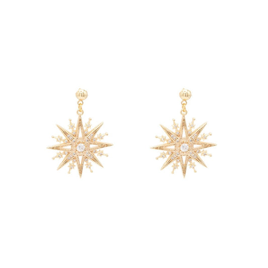 14k Gold Bright Star Cubic Zirconia Ball Post Stud Earring Dangle
