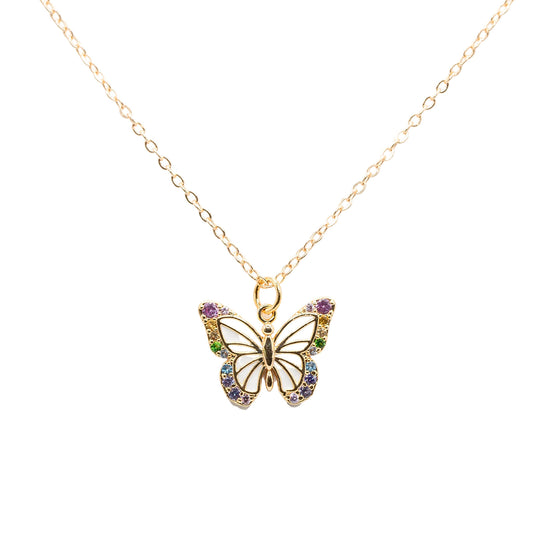 White Enamel Butterfly Necklace with Pastel CZ Accents – 14K Gold Over Sterling Silver