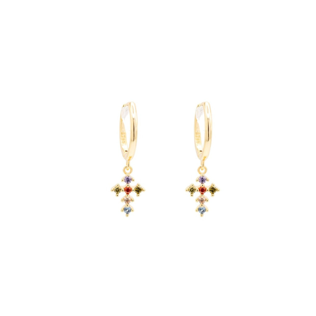 14k Gold Cross Mini Multi Rainbow Cubic Zirconia Huggie Hoop Earring