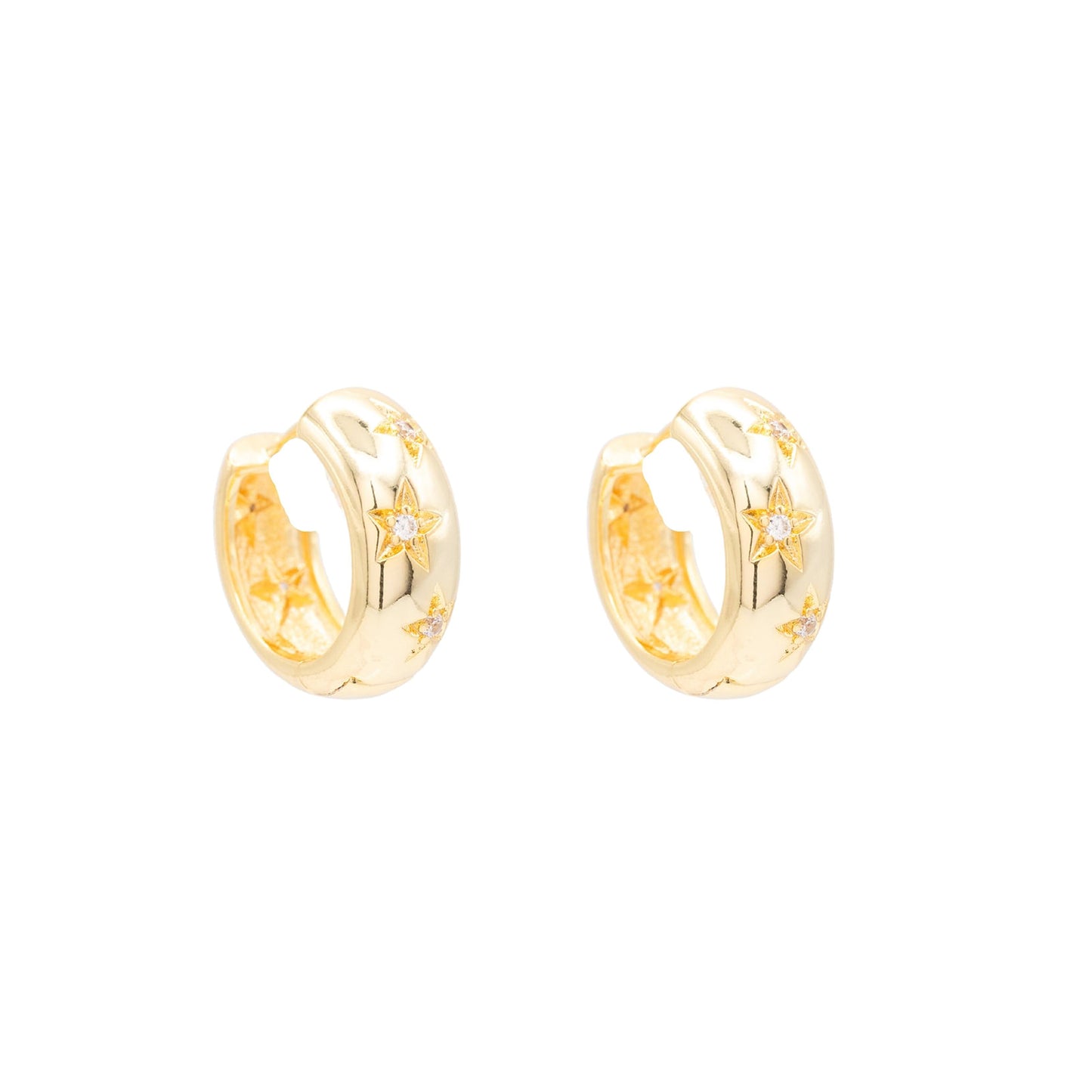 14k Gold Chunky Star Cubic Zirconia Huggie Hoop Earring Celestial Gem