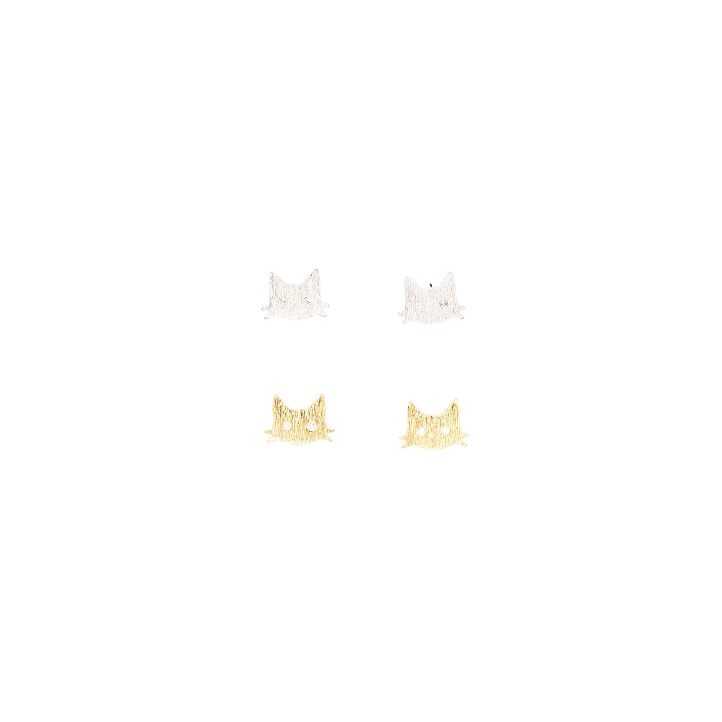 14k Gold or Sterling Silver Cat Face with Cubic Zirconia Stud Post Earring