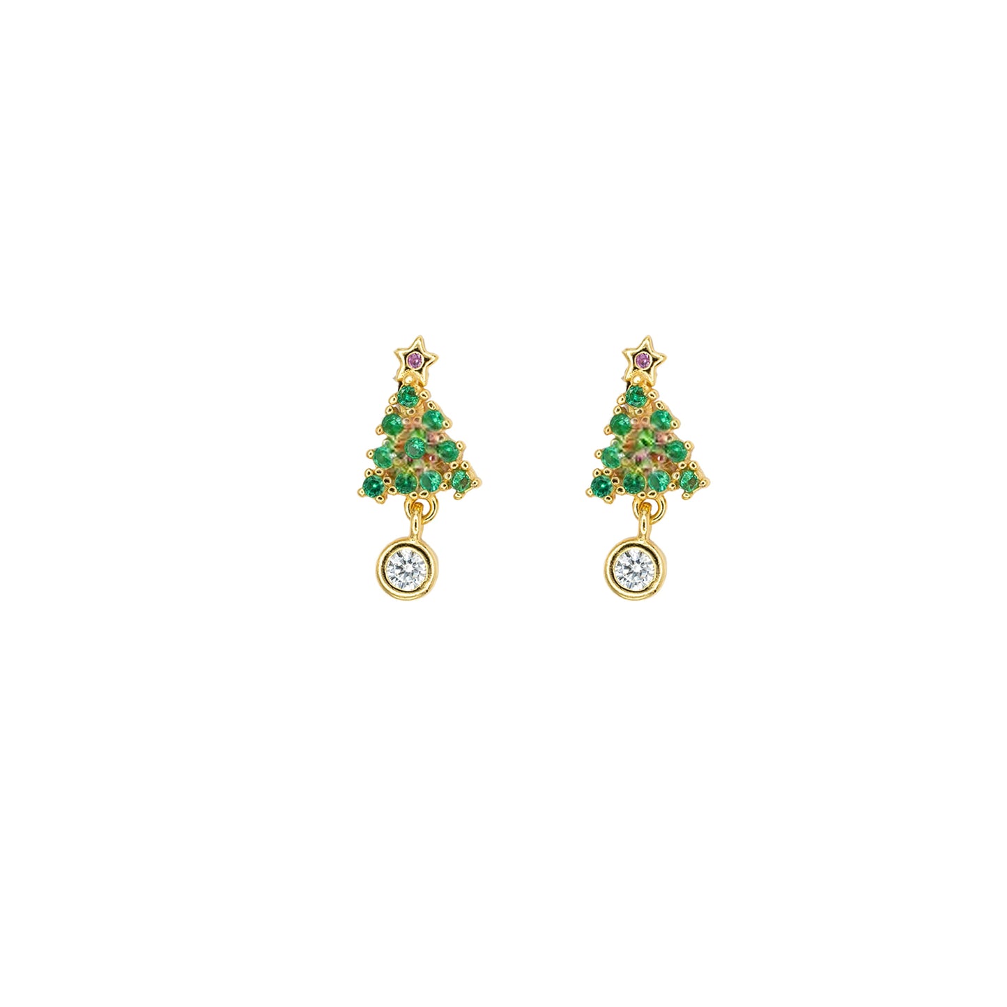 Gemstone Christmas Tree Dangle Earrings – 14K Gold Over Sterling Silver, CZ Studs