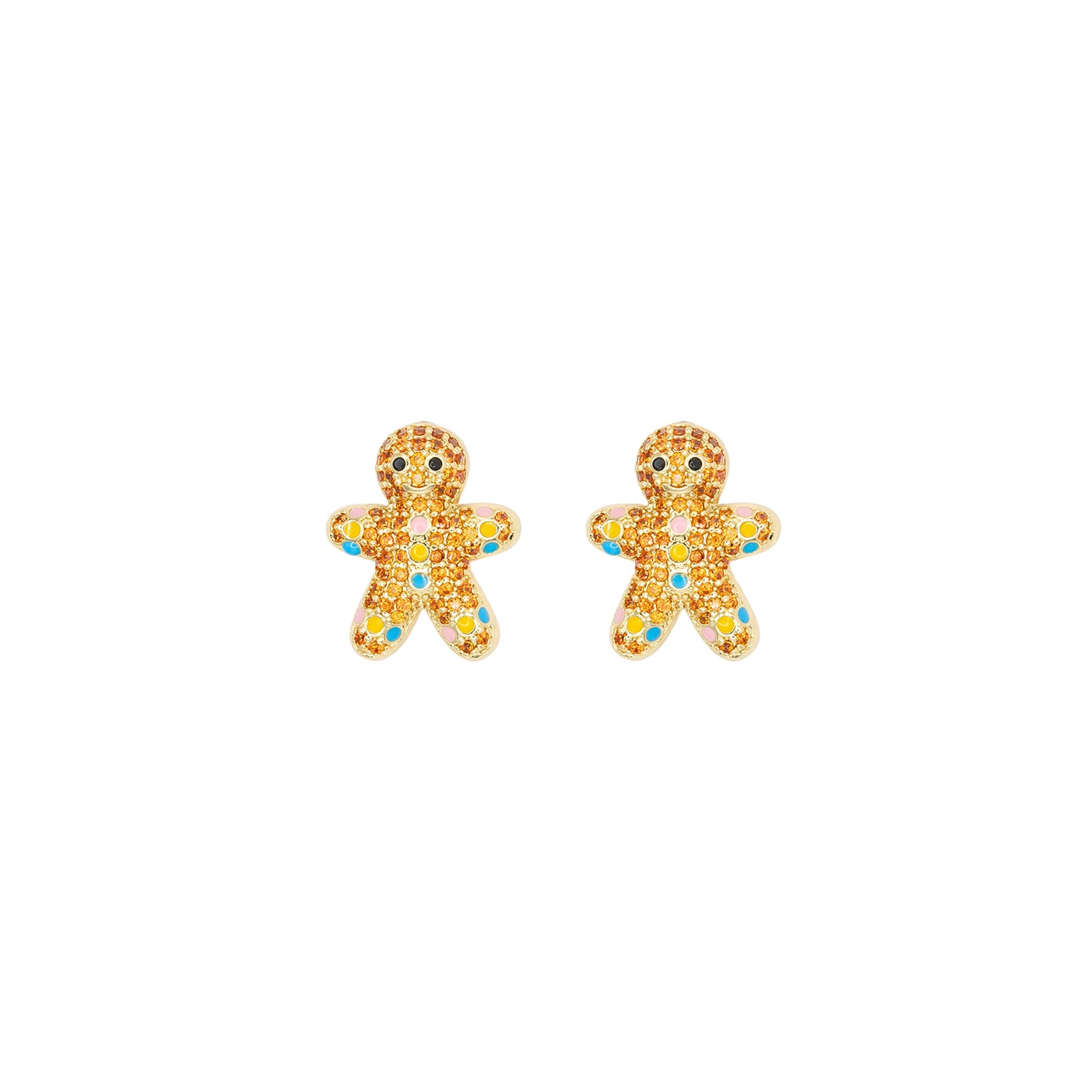 Gingerbread man-shaped earrings with rhinestones on a white background