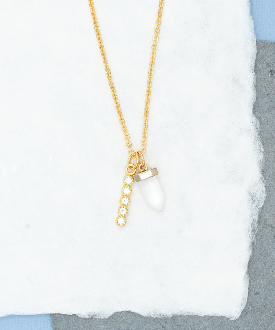 14k Gold Quartz Dagger, CZ Bar Charm Necklace Hypoallergenic