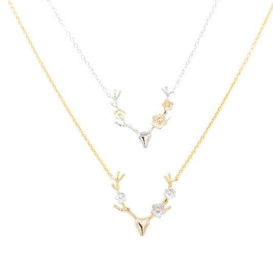 Deer Antler Flowers Charm Necklace Mixed Metal
