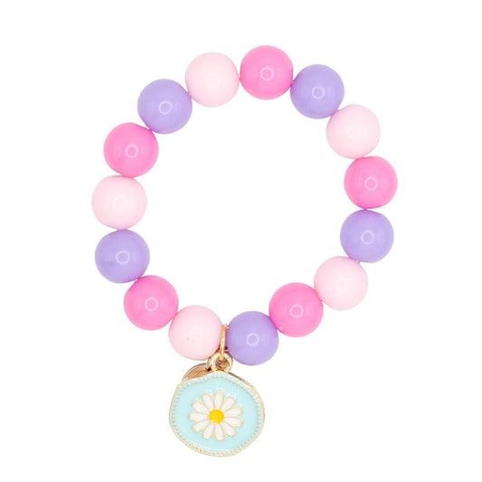 Children’s Plastic Beaded Stretch Bracelet with Enamel Blue Daisy Medallion Charm – Designed Specifically for Kids’ Wrists