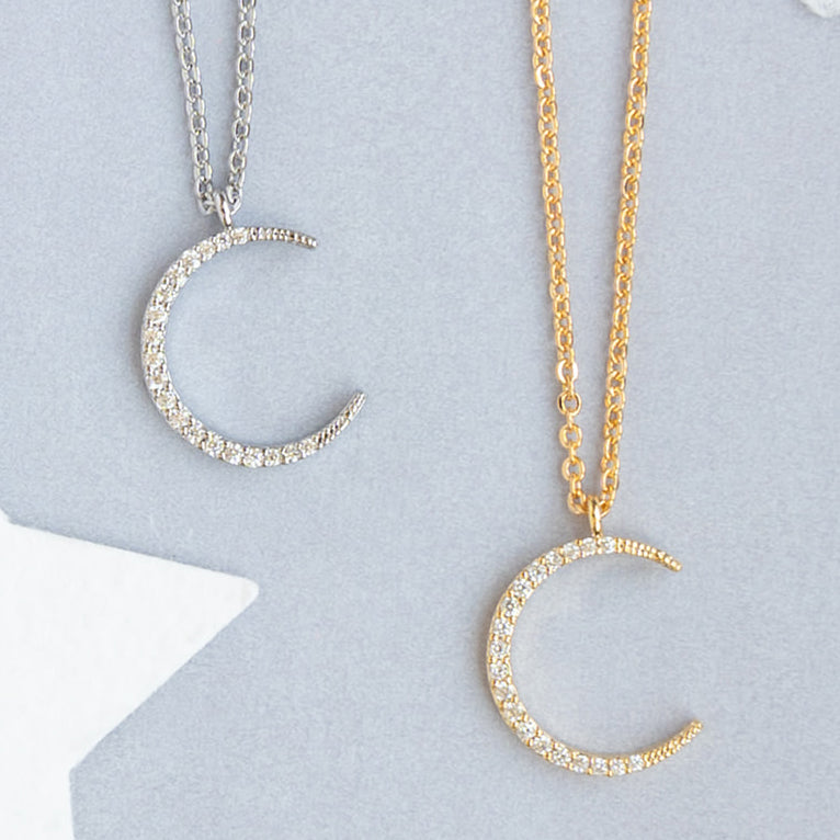 Crescent Moon Charm Pendant Pave Cubic Zirconia Necklace