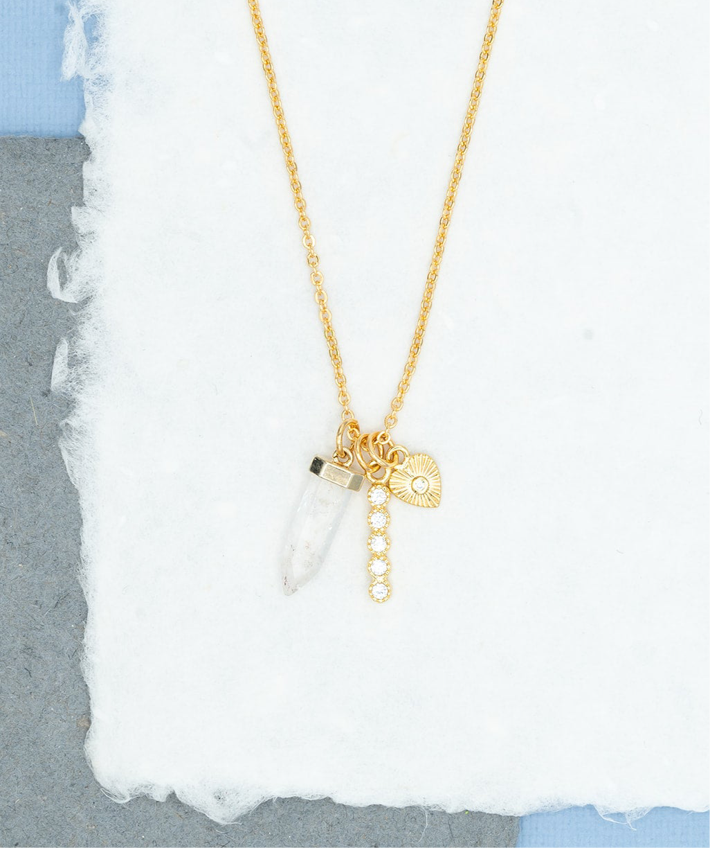 14k Gold Quartz Dagger, CZ Bar Charm, Heart Charm Necklace