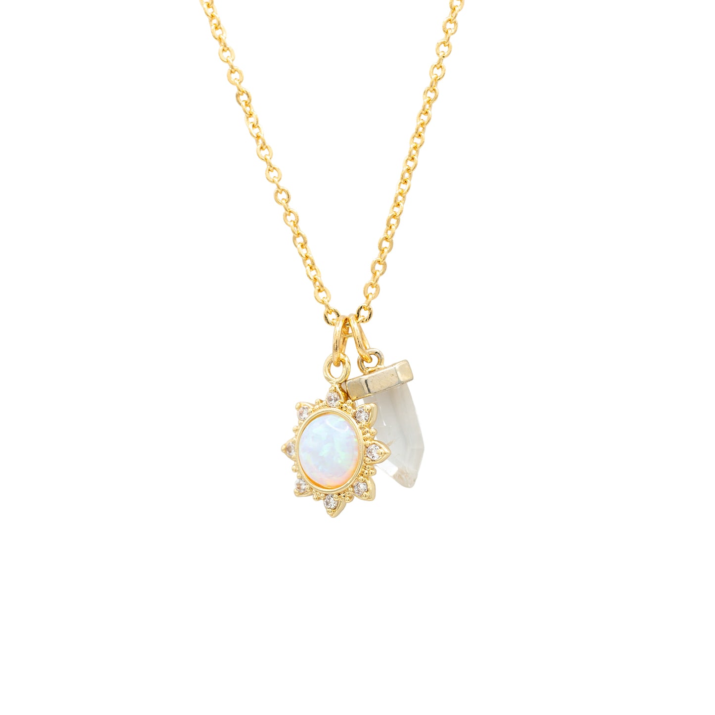 14k Gold Opal & Quartz Dagger Charm Necklace Hypoallergenic