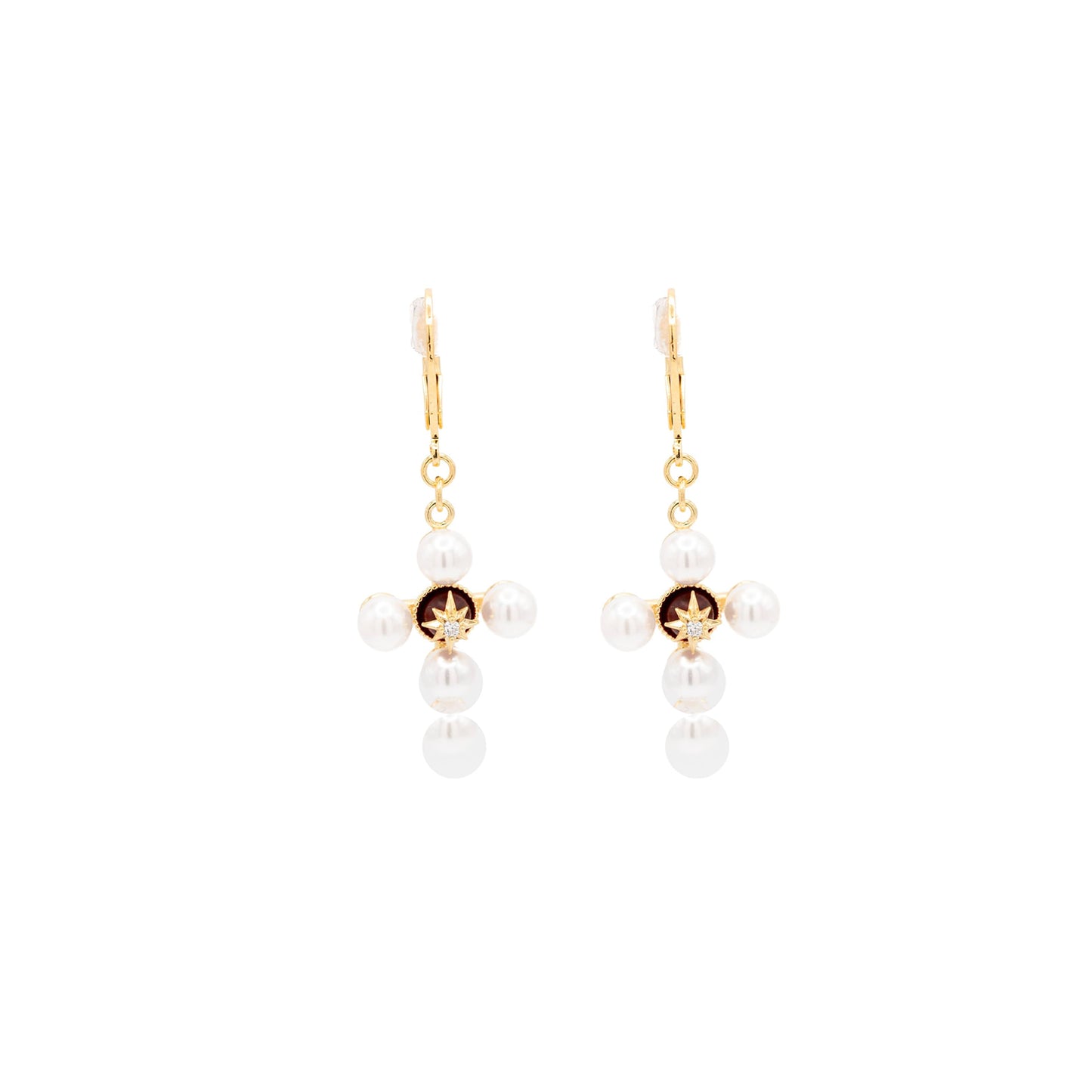 Pearl Cross Leverback Dangle Earrings Cubic Zirconia