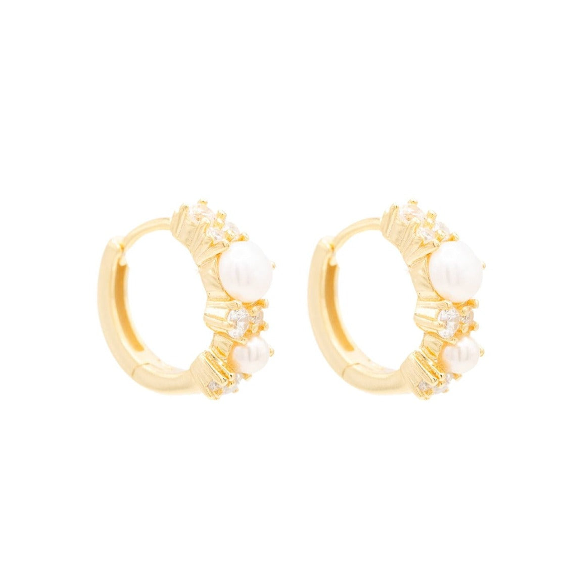 14k Gold Pearl Cubic Zirconia Huggie Hoop Earring