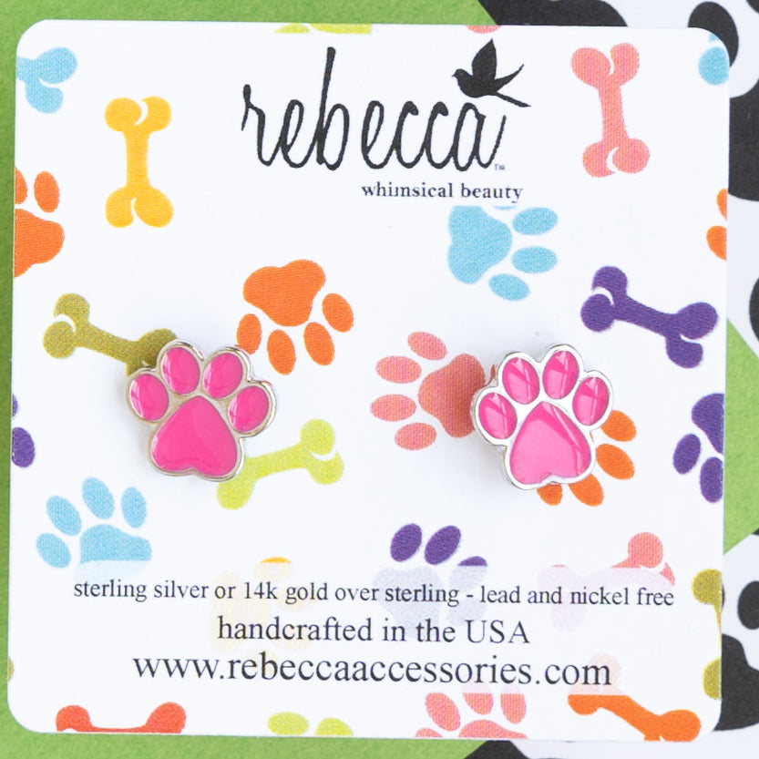 Pink Paw Print Animal Enamel Post Stud Earring Children's