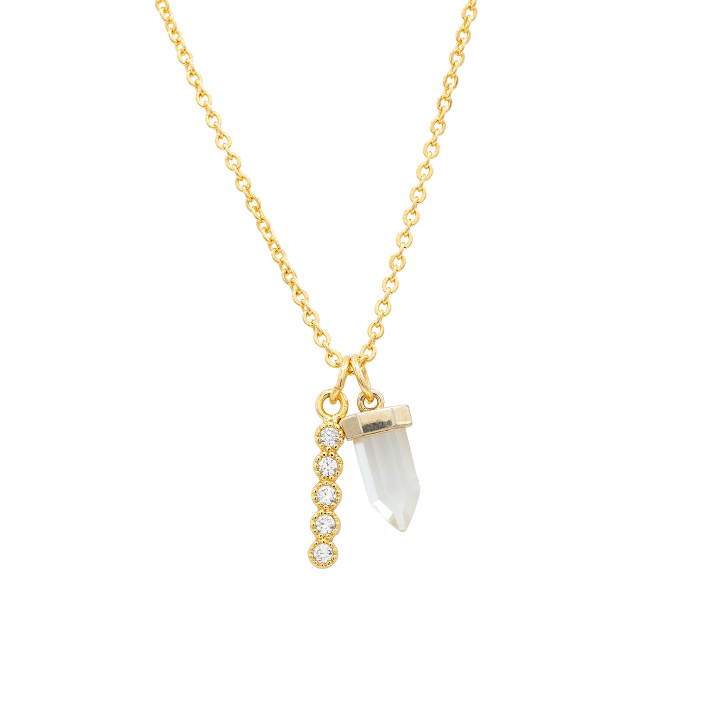 14k Gold Quartz Dagger, CZ Bar Charm Necklace Hypoallergenic