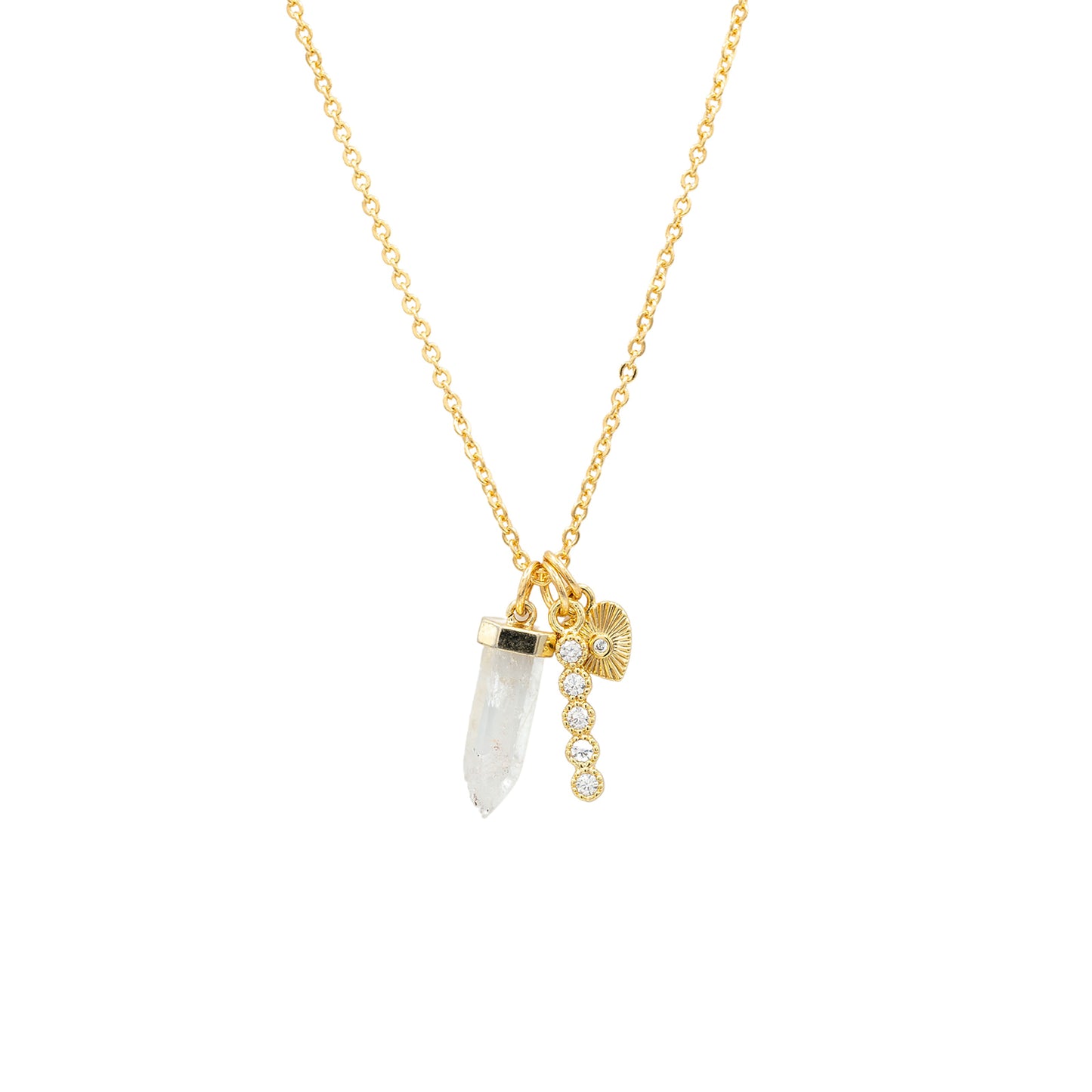 14k Gold Quartz Dagger, CZ Bar Charm, Heart Charm Necklace