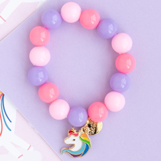 Kids Beaded Stretch Bracelet with Enamel Rainbow Unicorn Charm – Hypoallergenic Children’s Jewelry