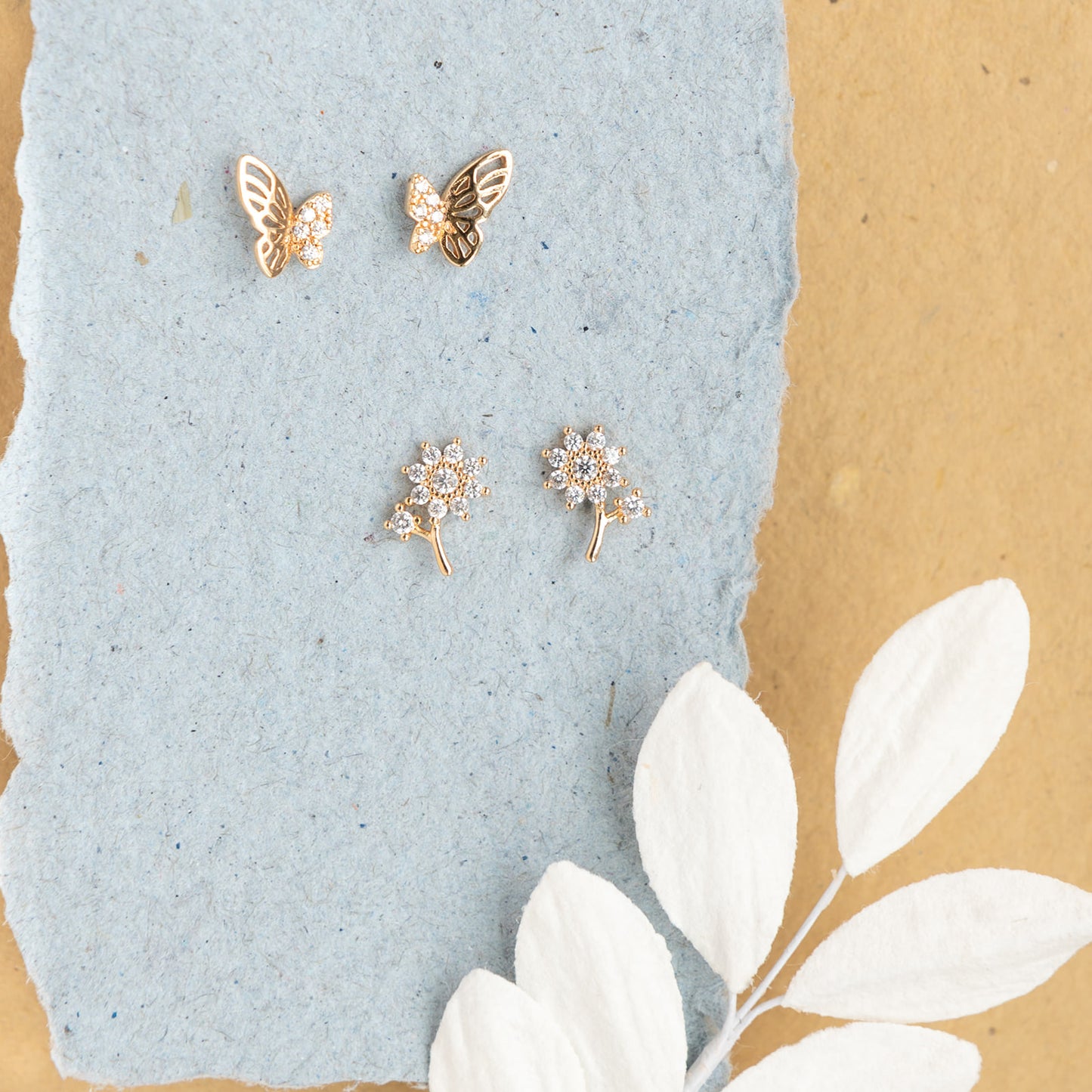 14K Gold Butterfly Cubic Zirconia CZ Crystal Post Stud Earring Insect