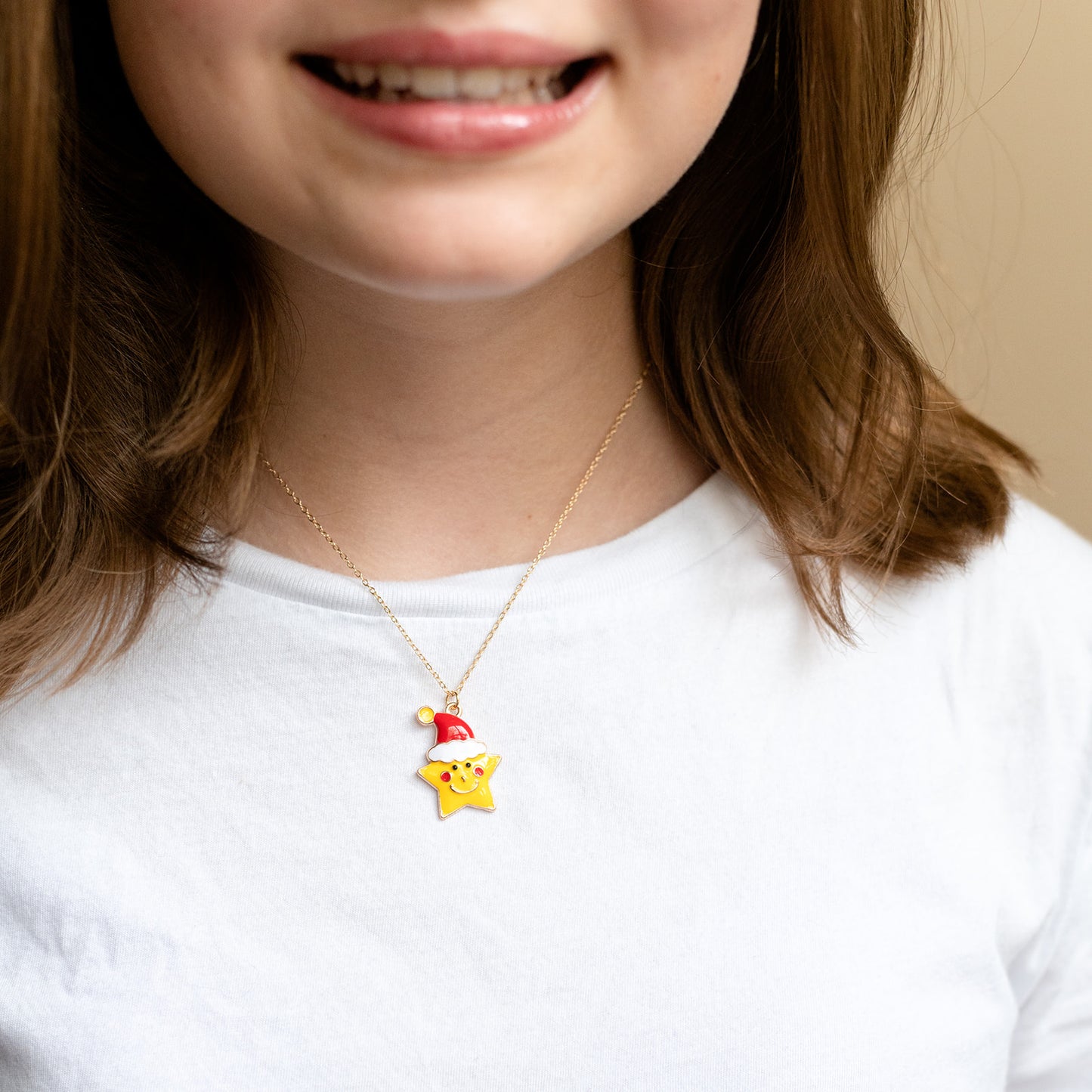 Enamel Yellow Star with Santa Hat Charm Necklace Children's Jewelry