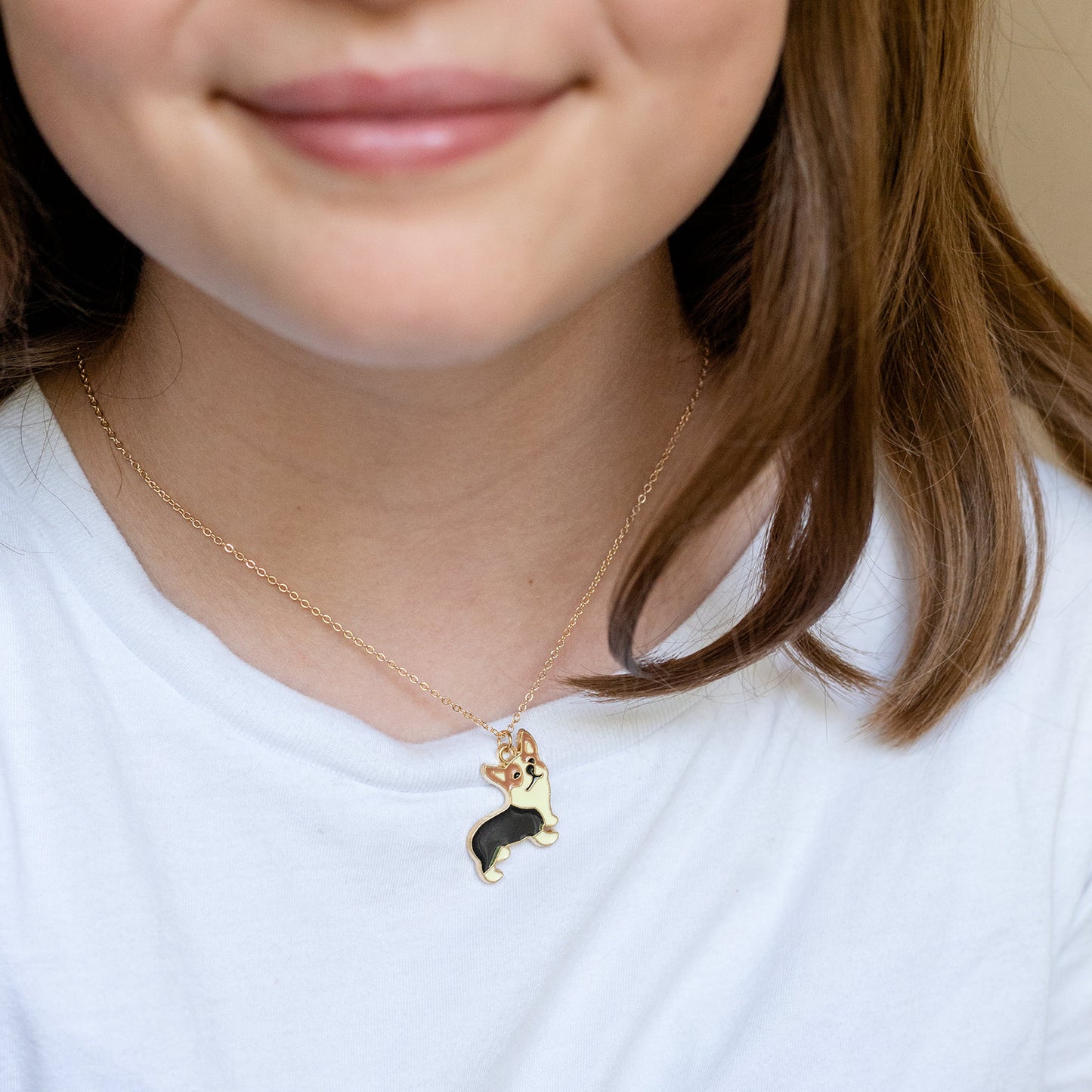 Children’s Corgi Dog Charm Necklace on a 14" Chain with 2" Extender – Hypoallergenic Jewelry for Kids and Adults