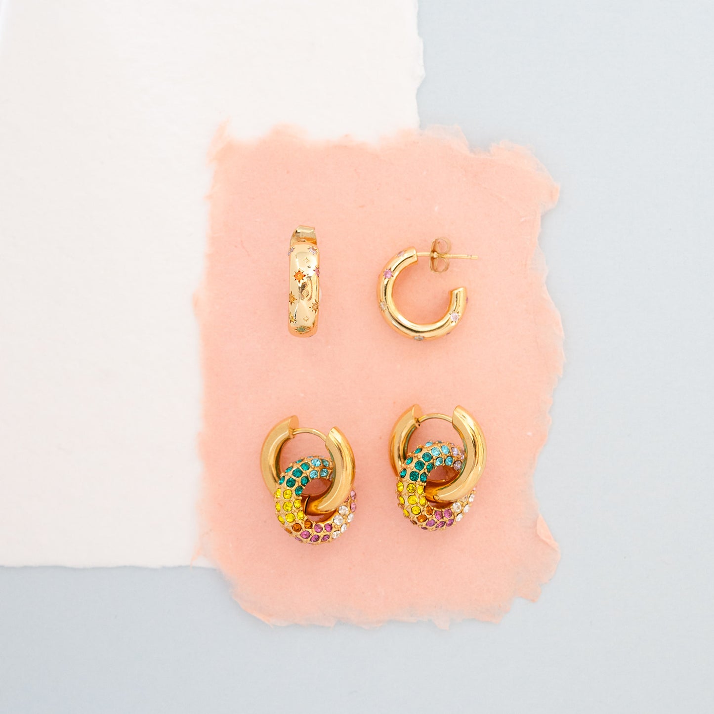 14k Gold Star Multi Rainbow Cubic Zirconia Huggie Hoop Earring