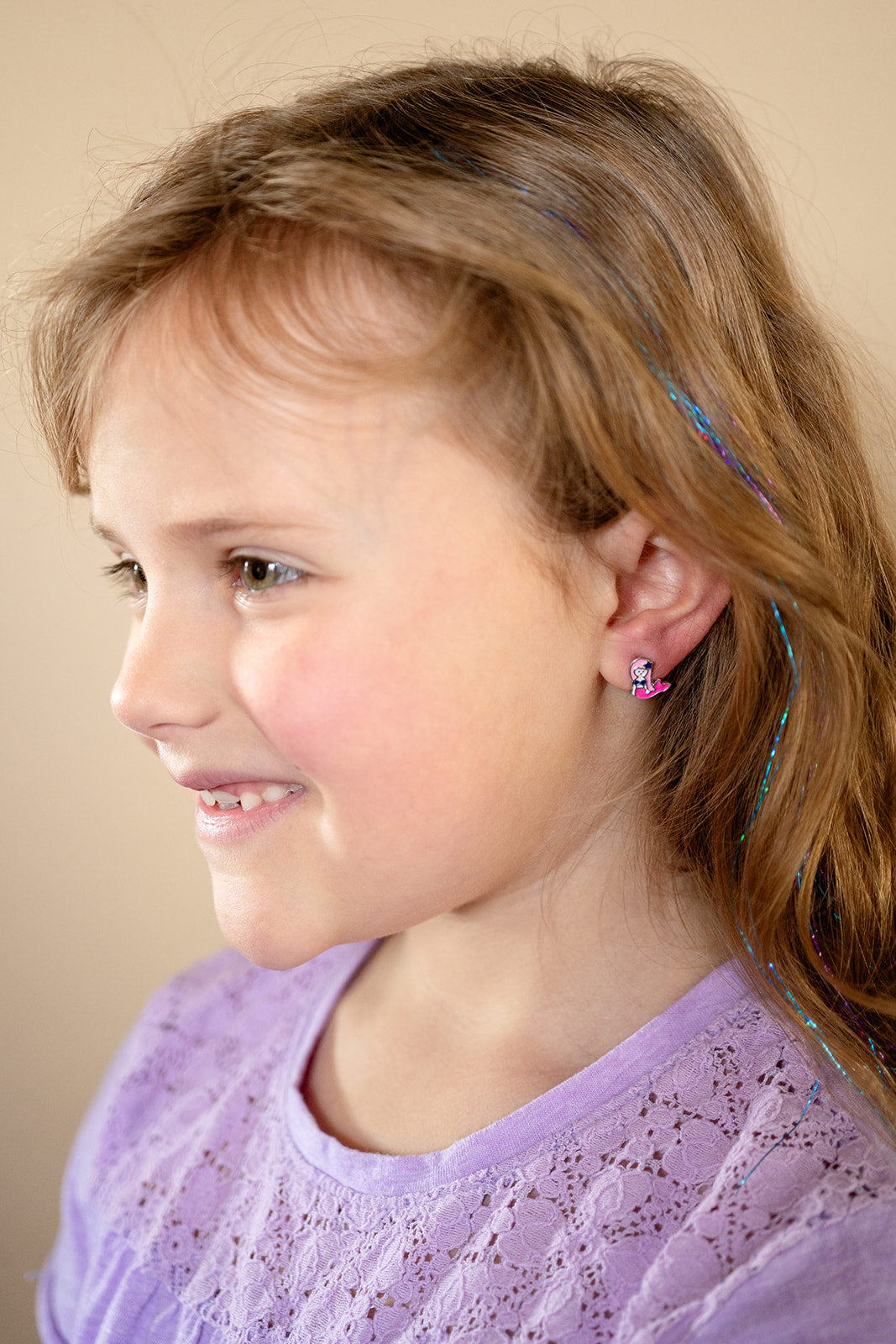 Pink Hair Mermaid Enamel Post Stud Earring Children's Jewelry