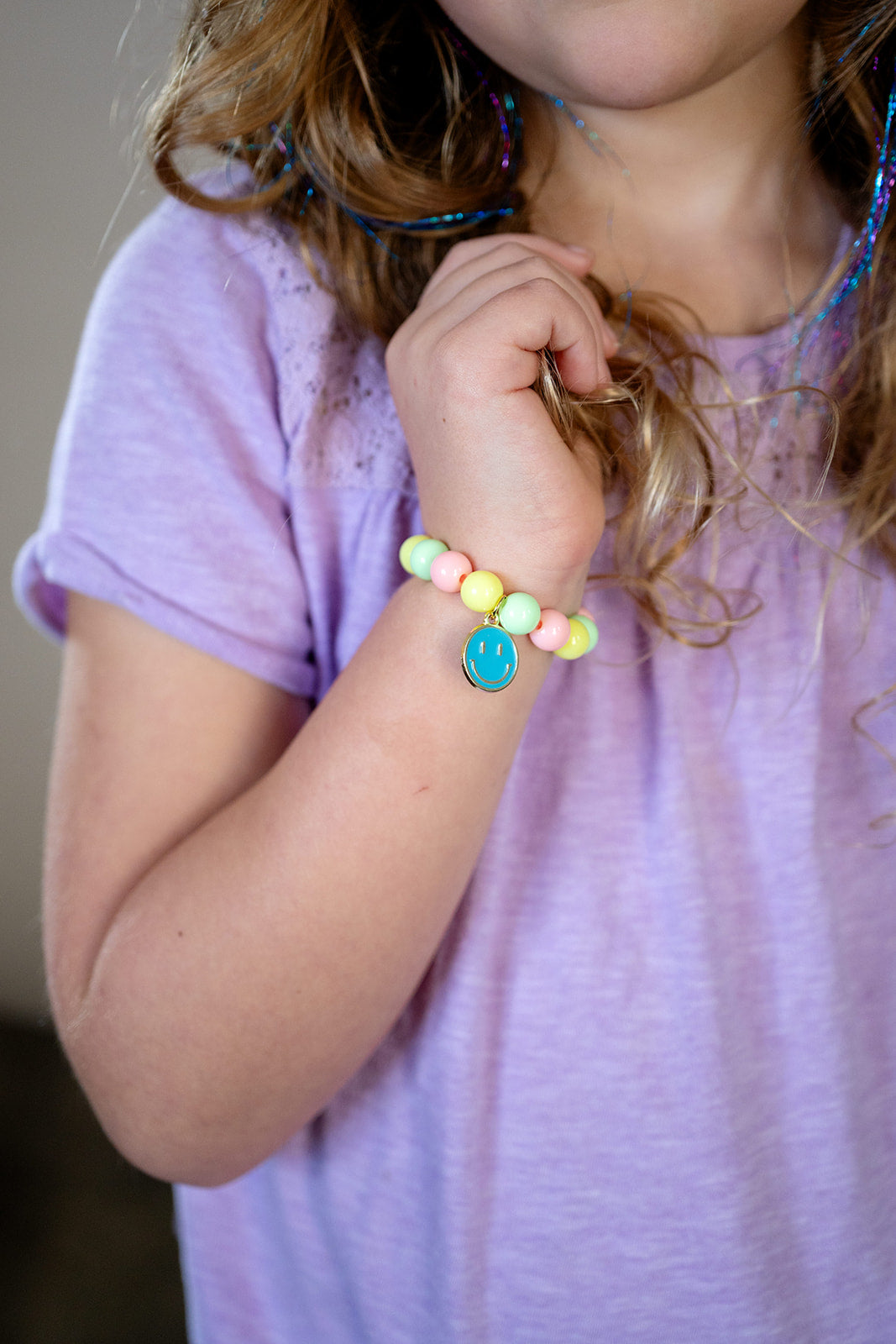 Blue Happy Face Enamel Charm Beaded Stretch Bracelet