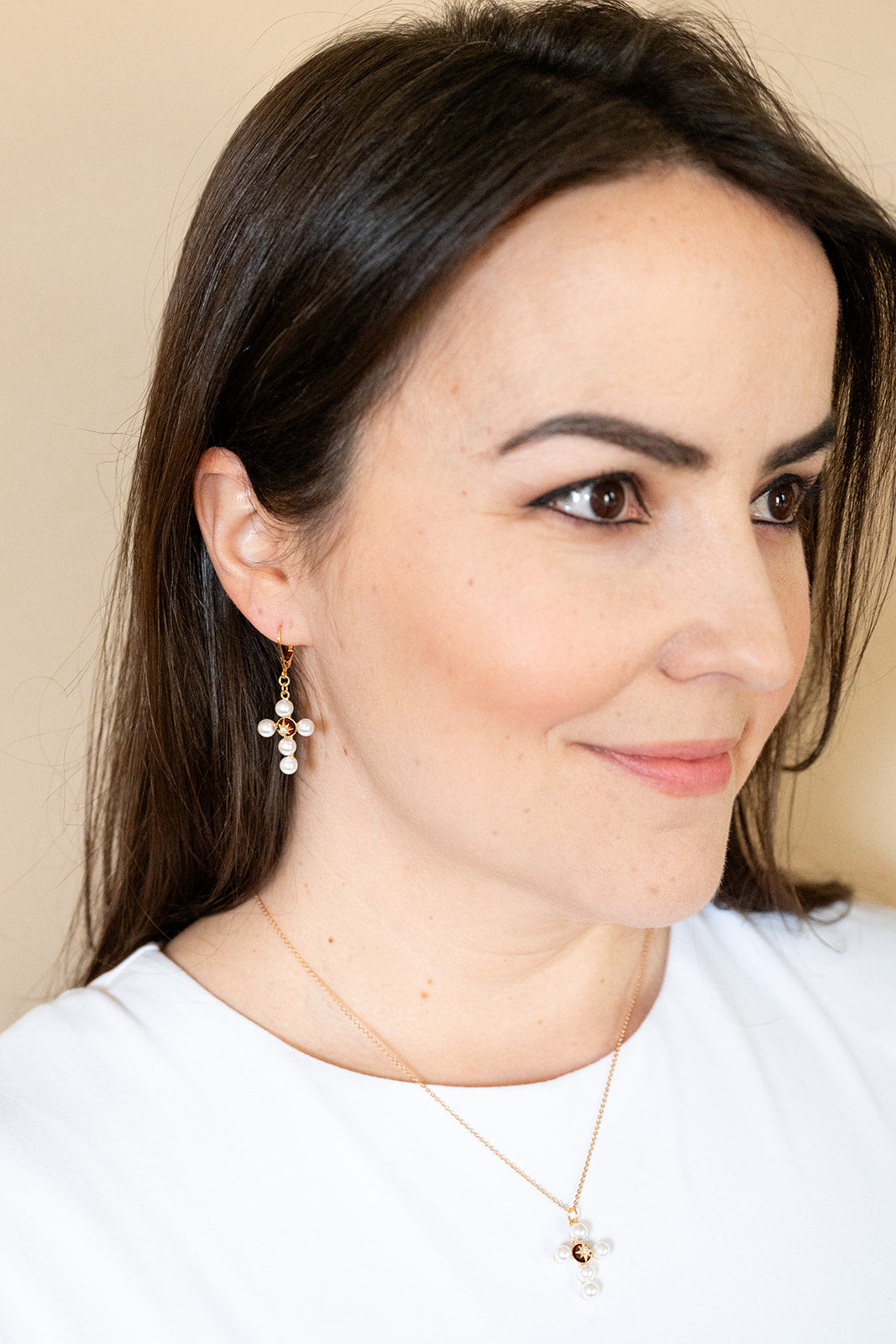Pearl Cross Leverback Dangle Earrings Cubic Zirconia