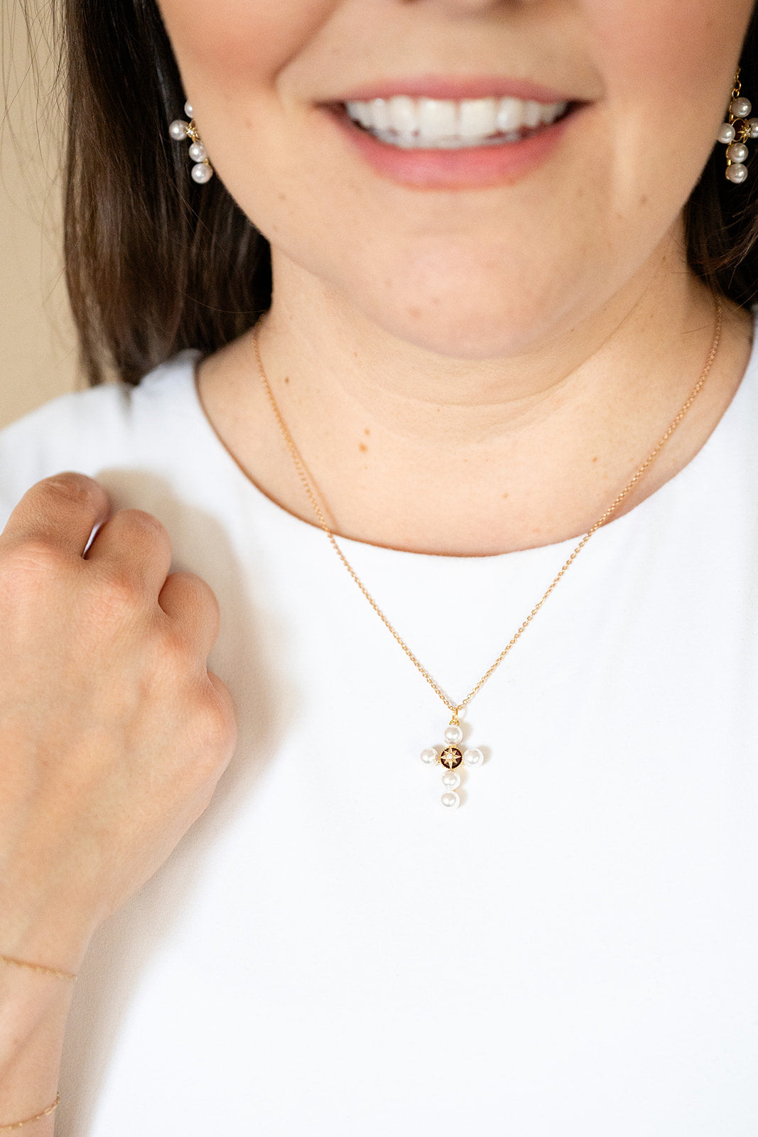 Pearl Cross Charm Necklace with Cubic ZirconiaStones