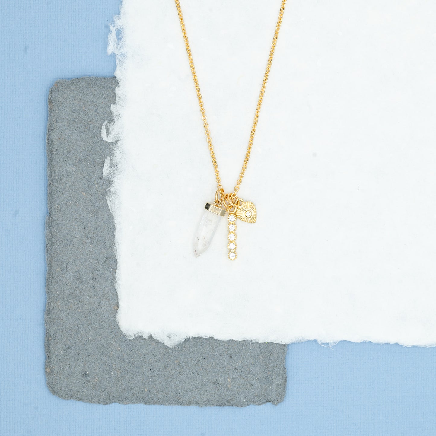14k Gold Quartz Dagger, CZ Bar Charm, Heart Charm Necklace