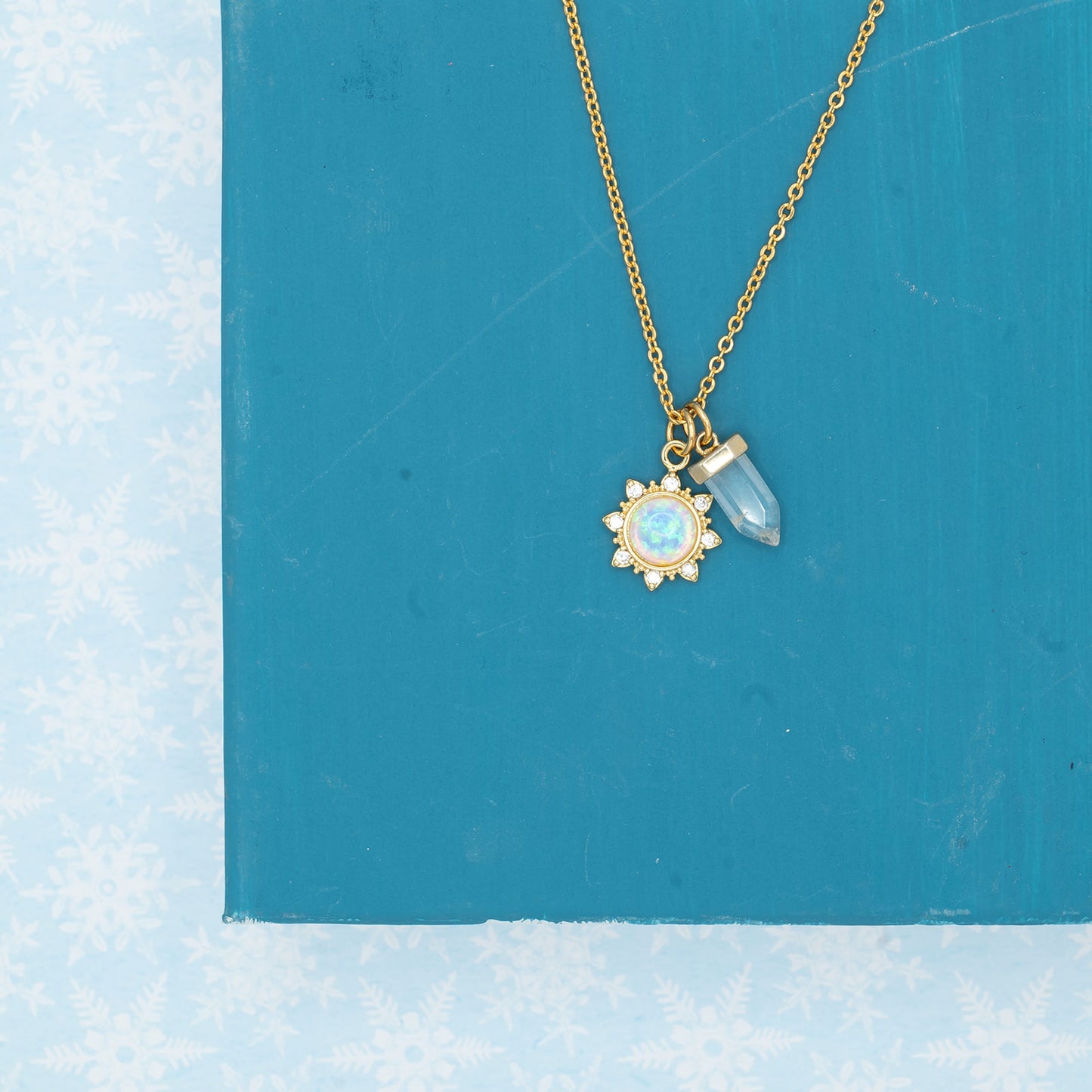 14k Gold Opal & Quartz Dagger Charm Necklace Hypoallergenic