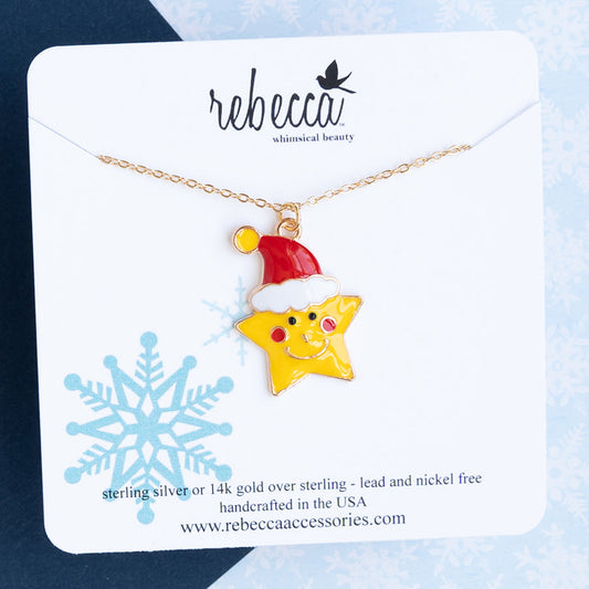 Enamel Yellow Star with Santa Hat Charm Necklace Children's Jewelry