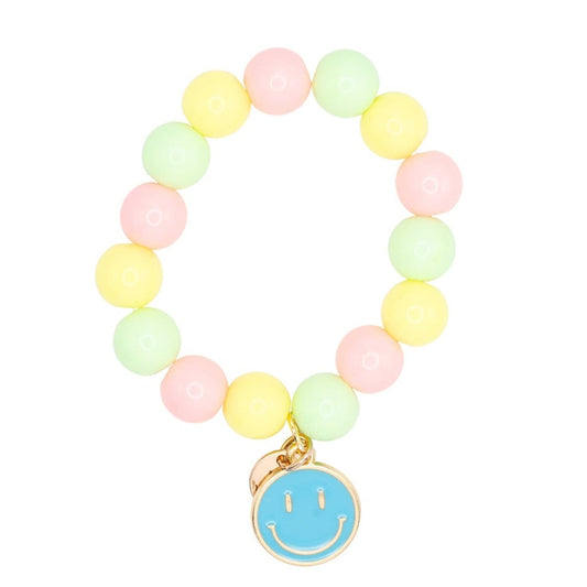 Children’s Beaded Stretch Bracelet with Enamel Blue Happy Face Charm – Designed Specifically for Kids’ Wrists