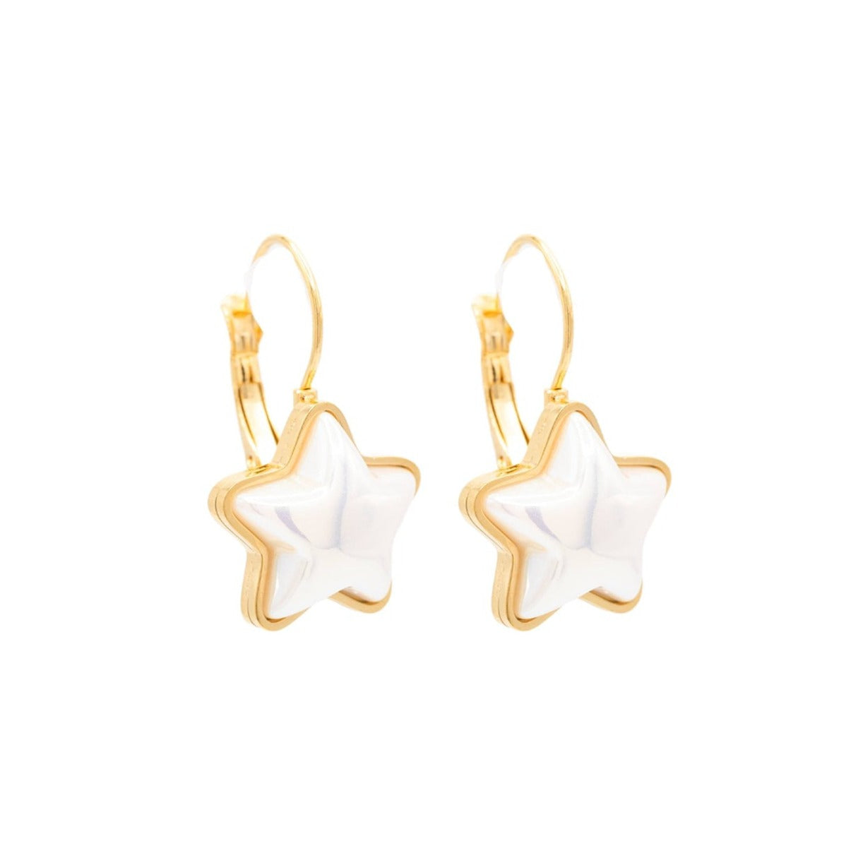 14k Gold Opalite Star Leverback Huggie Hoop Earring Celestial Shape