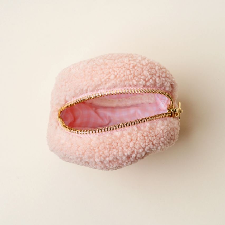 SALE Strawberry Teddy Circle Zipper Pouch Cozy Sherpa Fabric Cosmetic Bags with Gold Hardware and Wipeable Interior Lining