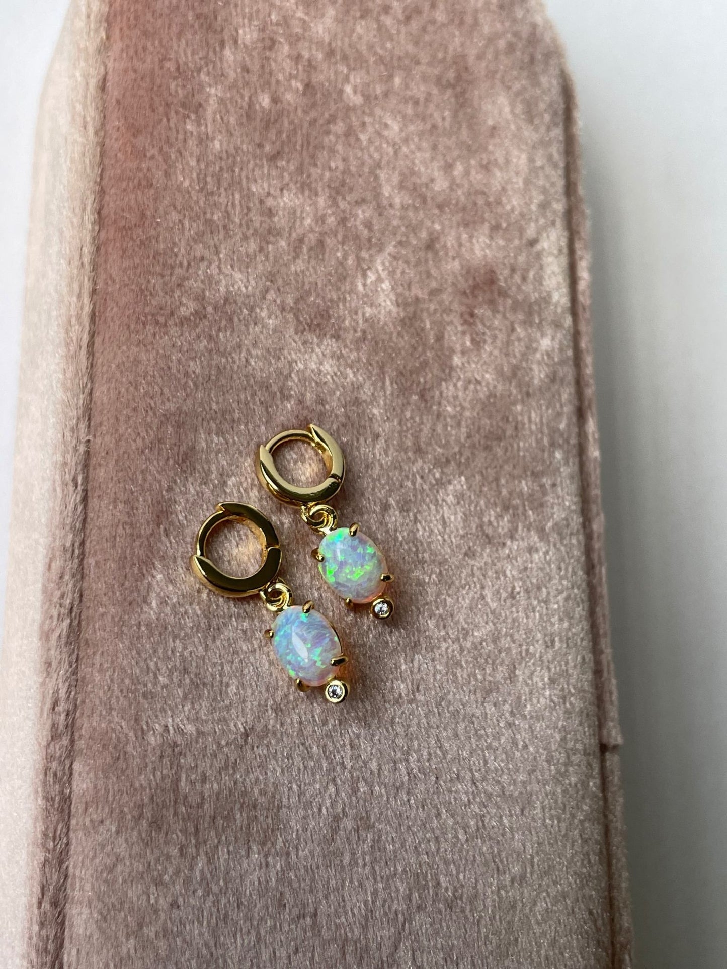 Oval Opalite and CZ Pendant Huggie Earring 14k Gold Gift