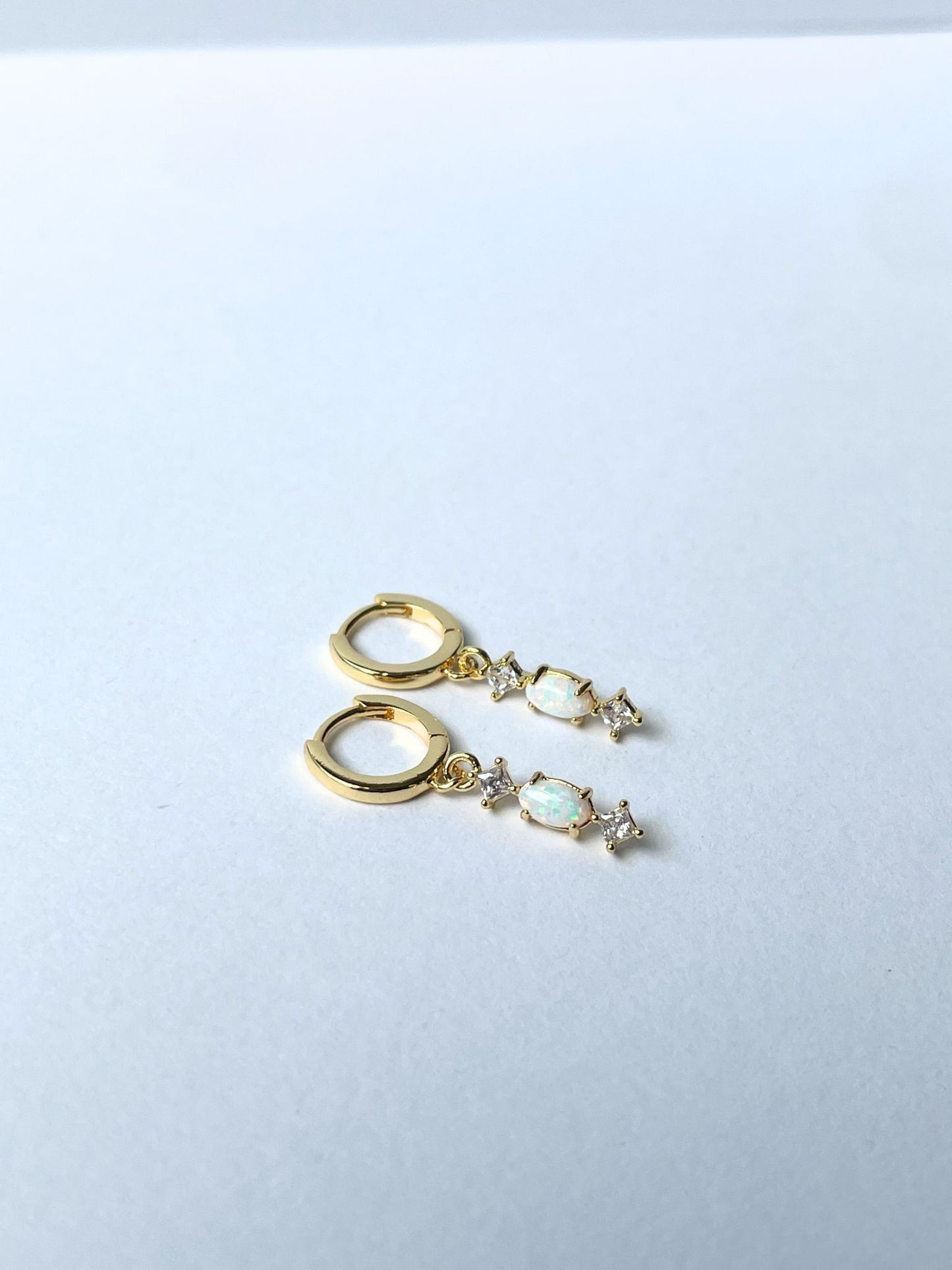 Opalite and CZ Drop Huggie 14k Gold Earring Hypoallergenic