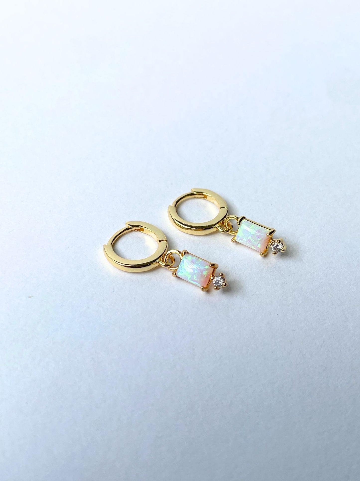 Opalite Square and CZ Drop Huggie Earring 14k Gold Gift