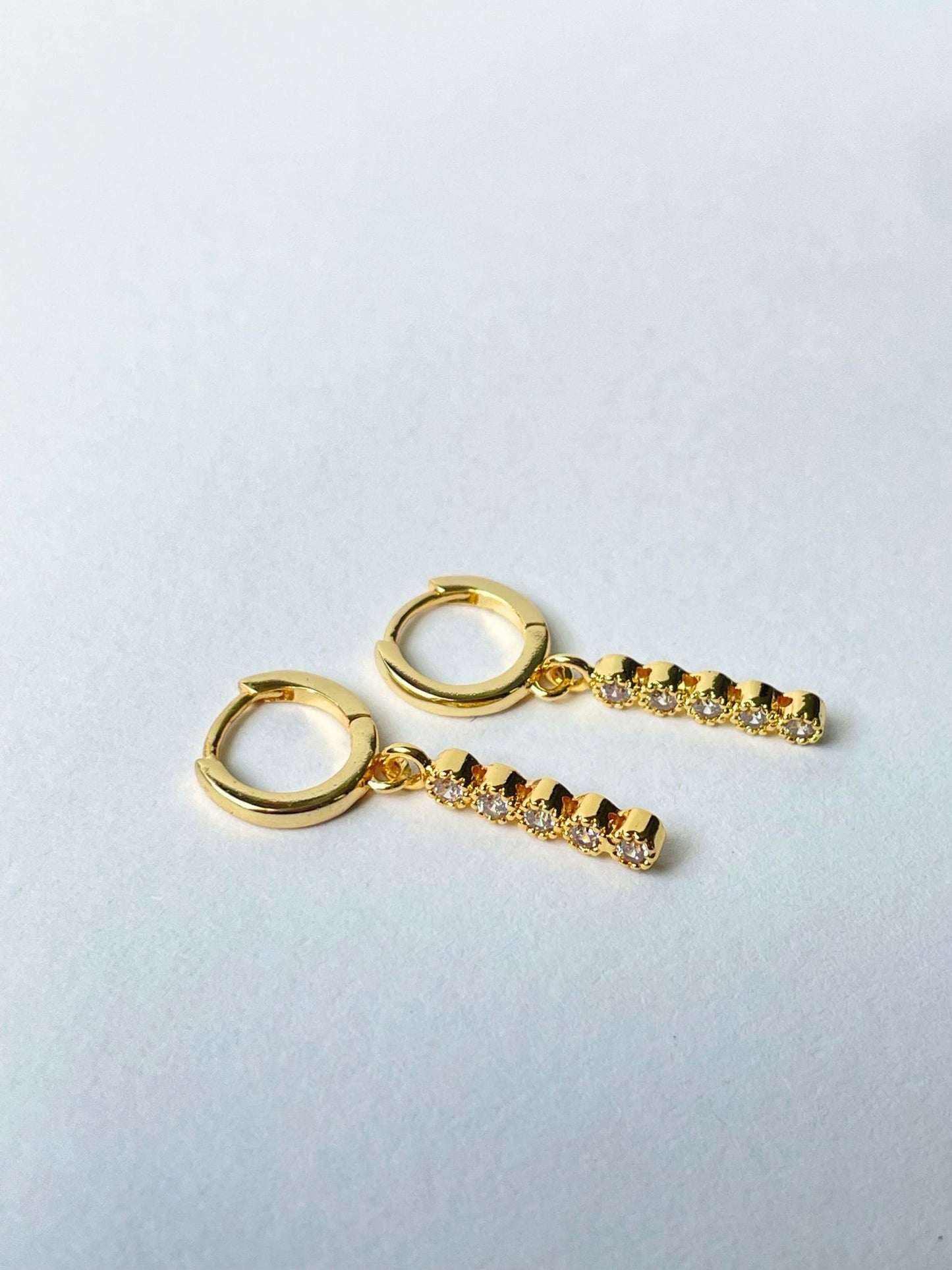 CZ Bar Drop Huggie Hoop Earrings 14k Gold Hypoallergenic