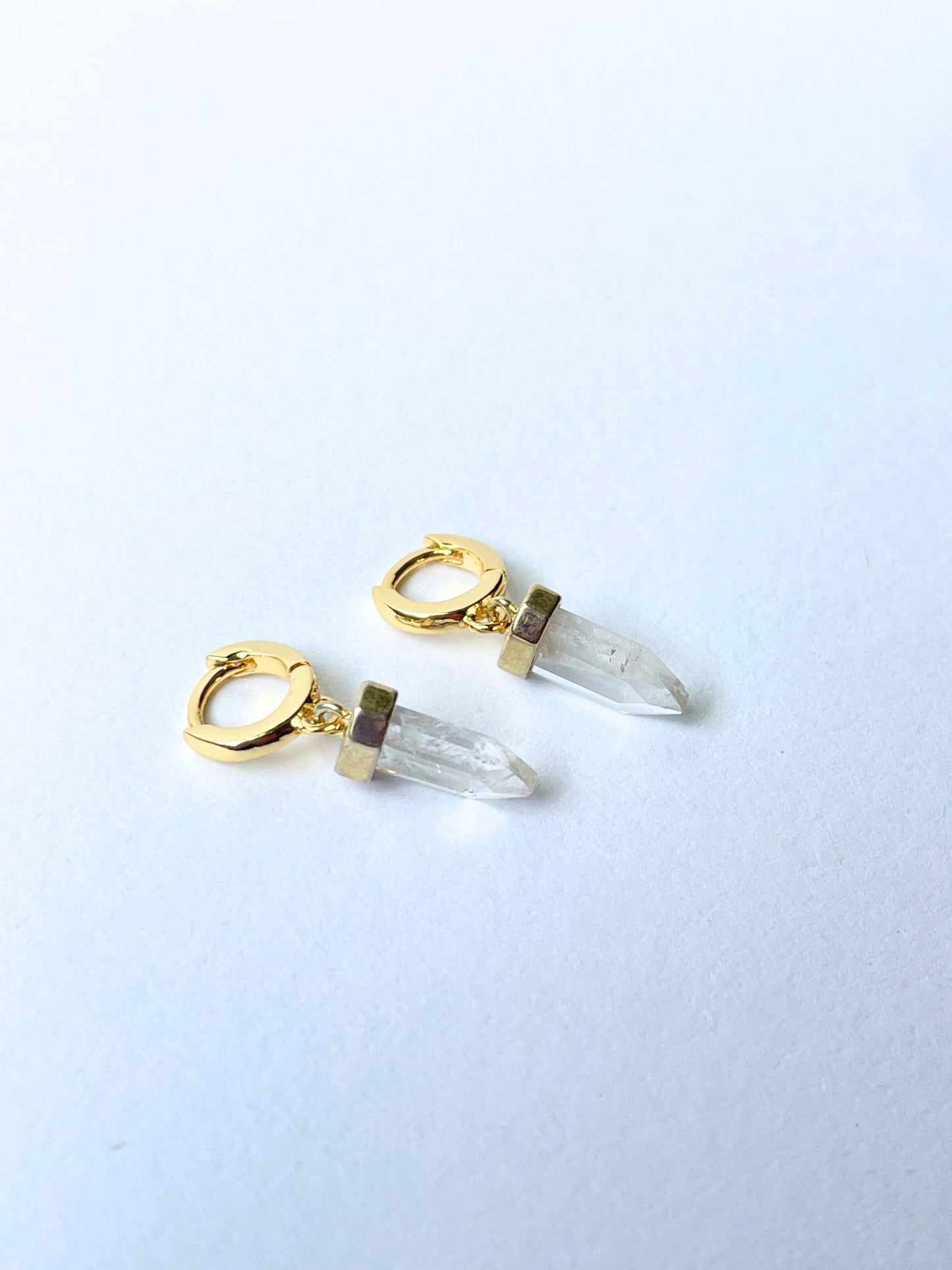 Quartz Pointed Dagger Gemstone Huggie Hoop 14k Gold Earring
