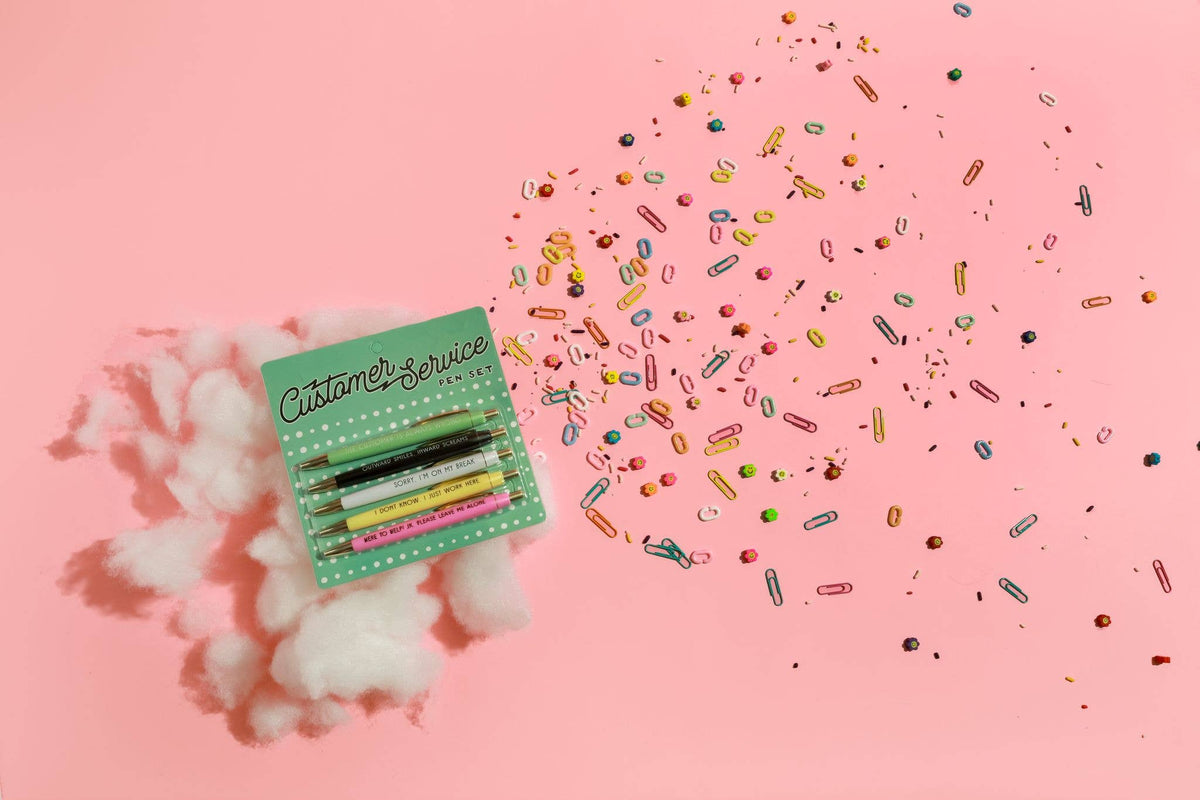 Card with 'Customer Service' text on a pink background with cotton and sprinkles