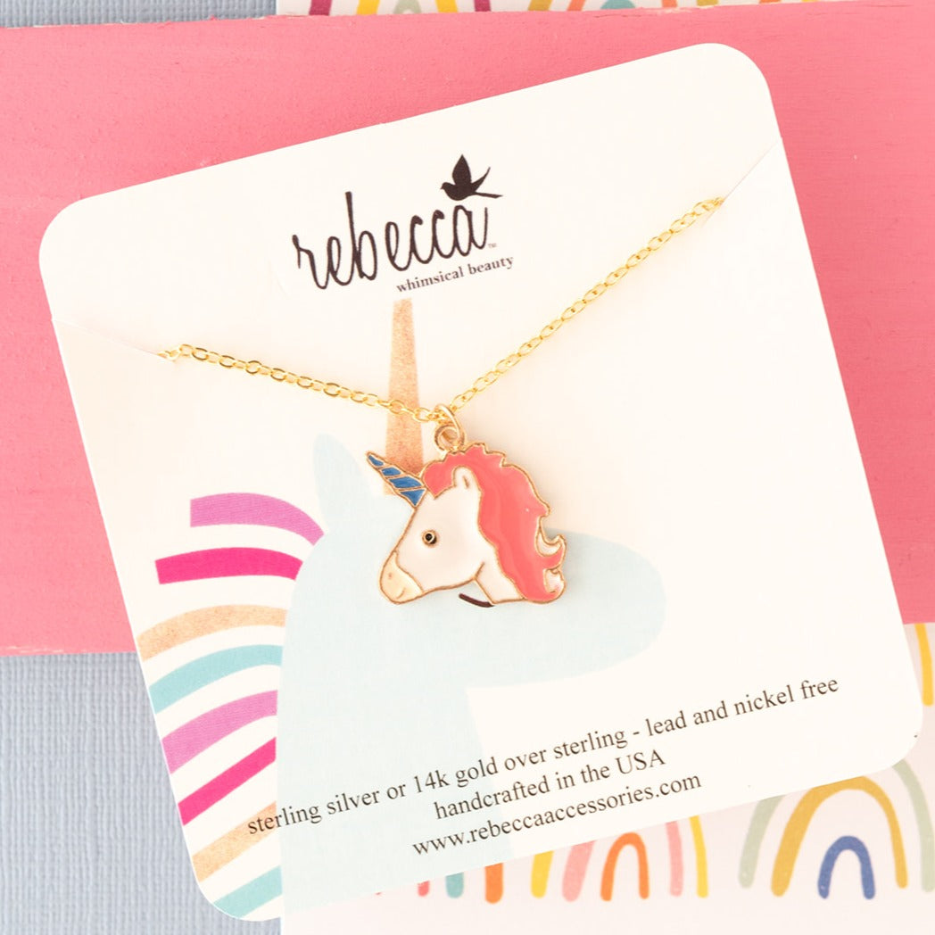 14K Gold Pink Haired Unicorn Enamel Necklace