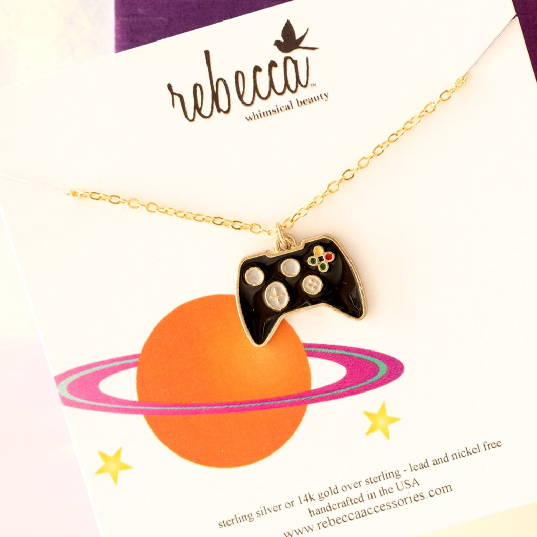 Black Game Controller Enamel Necklace – 14K Gold Over Sterling Silver | Fun Gift for Gamers of All Ages