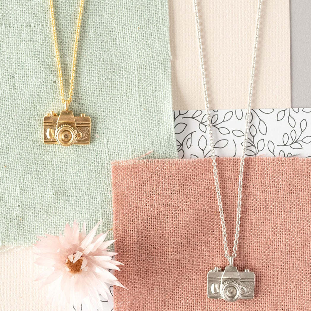 Camera Charm Necklace – Matte Sterling Silver or 14K Gold Over Sterling | Perfect for Photography Lovers
